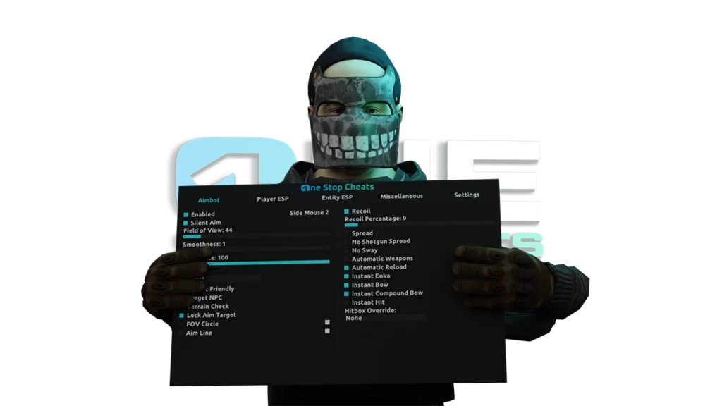 Rust character holding an in-game Rust Cheat menu packed with features